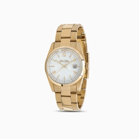 All Time gold plated bracelet watch with small case and white MOP dial-