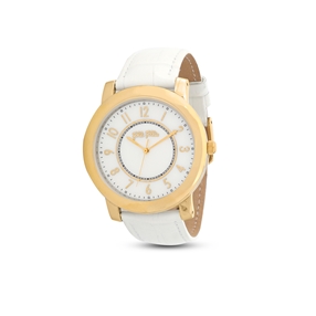 Vibrant Memories white leather strap gold plated watch-